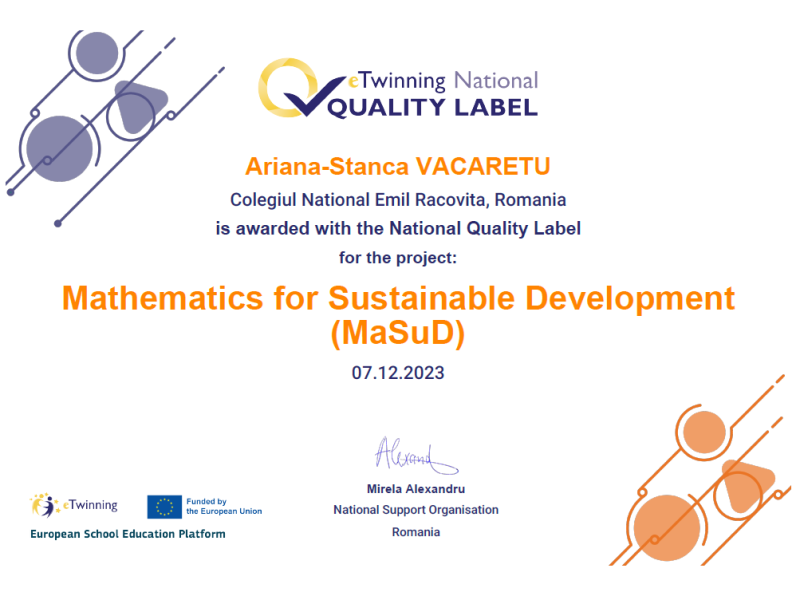 Certificat național de calitate pentru proiectul eTwinning MaSuD